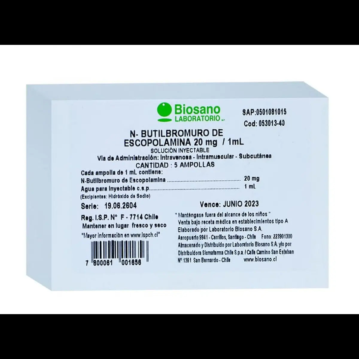 N Butilbromuro de Escopolamina 20mg/1ml x 5 Ampollas - BIOSANO - Farmacias San Martín