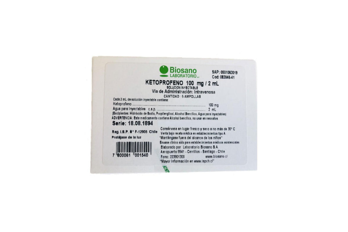 Ketoprofeno 100mg/2ml x 5 Ampollas - BIOSANO - Farmacias San Martín